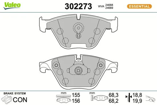 Bremsbelagsatz, Scheibenbremse Vorderachse VALEO 302273 Bild Bremsbelagsatz, Scheibenbremse Vorderachse VALEO 302273
