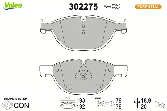 Bremsbelagsatz, Scheibenbremse Vorderachse VALEO 302275 Bild Bremsbelagsatz, Scheibenbremse Vorderachse VALEO 302275