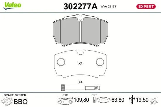 Bremsbelagsatz, Scheibenbremse Hinterachse VALEO 302277A Bild Bremsbelagsatz, Scheibenbremse Hinterachse VALEO 302277A