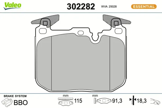 Bremsbelagsatz, Scheibenbremse Vorderachse VALEO 302282 Bild Bremsbelagsatz, Scheibenbremse Vorderachse VALEO 302282