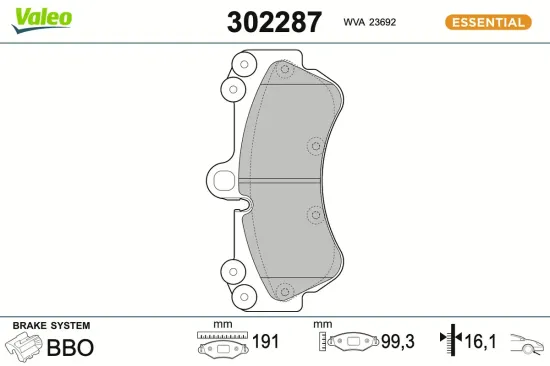 Bremsbelagsatz, Scheibenbremse Vorderachse VALEO 302287 Bild Bremsbelagsatz, Scheibenbremse Vorderachse VALEO 302287