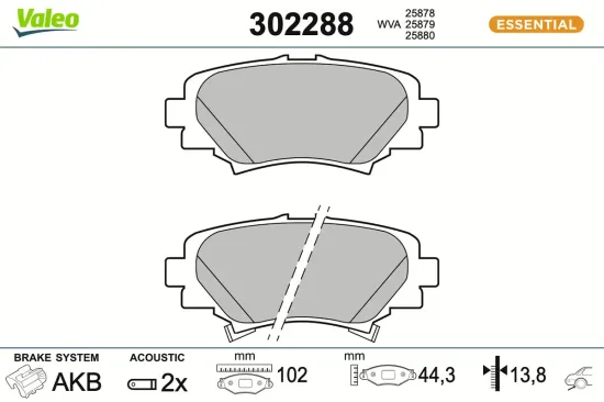 Bremsbelagsatz, Scheibenbremse Hinterachse VALEO 302288 Bild Bremsbelagsatz, Scheibenbremse Hinterachse VALEO 302288