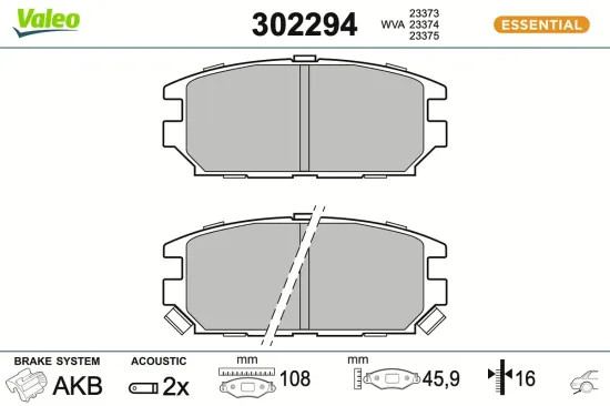 Bremsbelagsatz, Scheibenbremse Hinterachse VALEO 302294 Bild Bremsbelagsatz, Scheibenbremse Hinterachse VALEO 302294