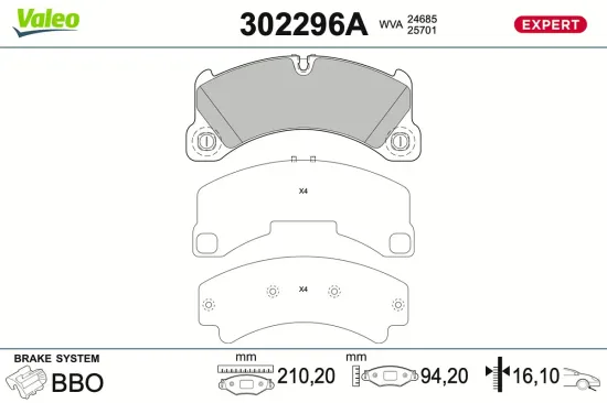 Bremsbelagsatz, Scheibenbremse Vorderachse VALEO 302296A Bild Bremsbelagsatz, Scheibenbremse Vorderachse VALEO 302296A