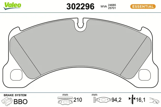 Bremsbelagsatz, Scheibenbremse Vorderachse VALEO 302296 Bild Bremsbelagsatz, Scheibenbremse Vorderachse VALEO 302296