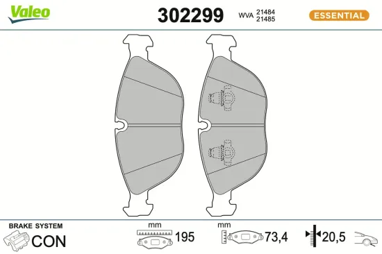 Bremsbelagsatz, Scheibenbremse Vorderachse VALEO 302299 Bild Bremsbelagsatz, Scheibenbremse Vorderachse VALEO 302299