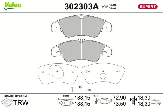 Bremsbelagsatz, Scheibenbremse Vorderachse VALEO 302303A Bild Bremsbelagsatz, Scheibenbremse Vorderachse VALEO 302303A