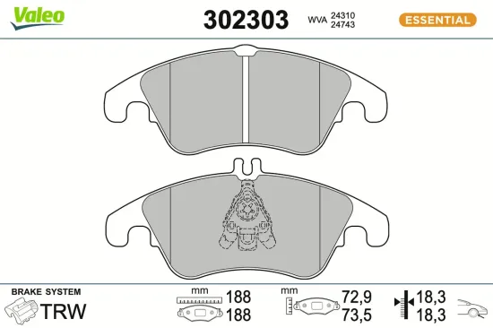 Bremsbelagsatz, Scheibenbremse Vorderachse VALEO 302303 Bild Bremsbelagsatz, Scheibenbremse Vorderachse VALEO 302303