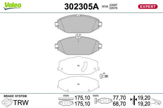 Bremsbelagsatz, Scheibenbremse Vorderachse VALEO 302305A Bild Bremsbelagsatz, Scheibenbremse Vorderachse VALEO 302305A