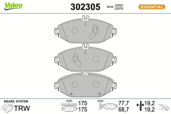 Bremsbelagsatz, Scheibenbremse Vorderachse VALEO 302305 Bild Bremsbelagsatz, Scheibenbremse Vorderachse VALEO 302305
