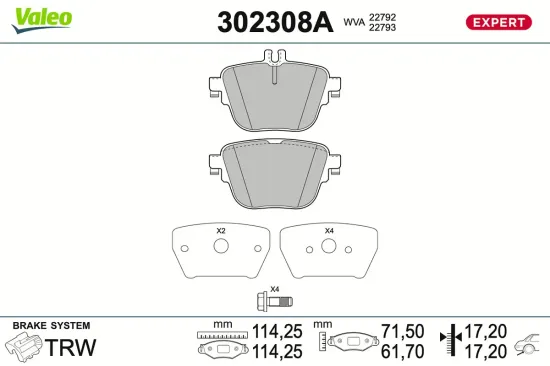 Bremsbelagsatz, Scheibenbremse Hinterachse VALEO 302308A Bild Bremsbelagsatz, Scheibenbremse Hinterachse VALEO 302308A