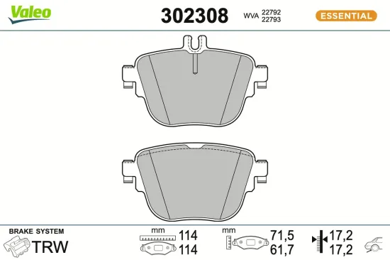 Bremsbelagsatz, Scheibenbremse Hinterachse VALEO 302308 Bild Bremsbelagsatz, Scheibenbremse Hinterachse VALEO 302308