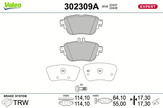 Bremsbelagsatz, Scheibenbremse Hinterachse VALEO 302309A Bild Bremsbelagsatz, Scheibenbremse Hinterachse VALEO 302309A