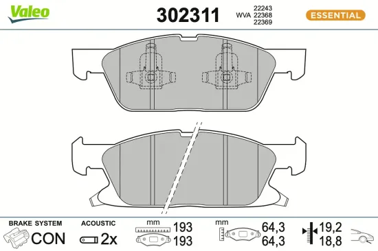 Bremsbelagsatz, Scheibenbremse Vorderachse VALEO 302311 Bild Bremsbelagsatz, Scheibenbremse Vorderachse VALEO 302311
