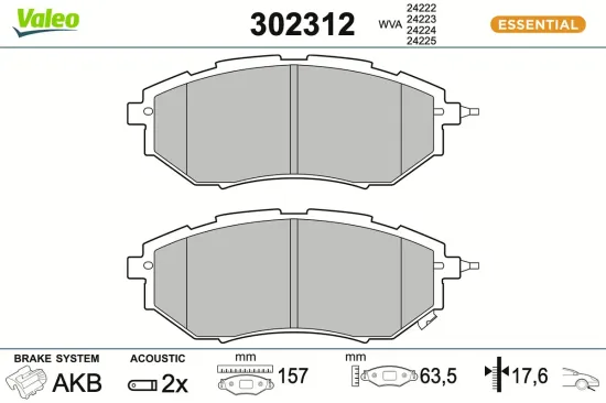 Bremsbelagsatz, Scheibenbremse Vorderachse VALEO 302312 Bild Bremsbelagsatz, Scheibenbremse Vorderachse VALEO 302312