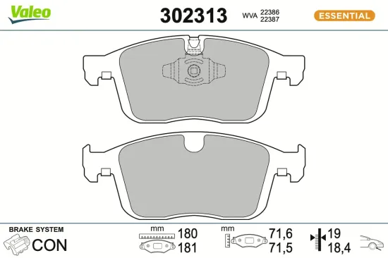 Bremsbelagsatz, Scheibenbremse Vorderachse VALEO 302313 Bild Bremsbelagsatz, Scheibenbremse Vorderachse VALEO 302313