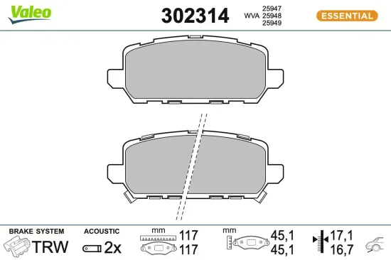 Bremsbelagsatz, Scheibenbremse Hinterachse VALEO 302314 Bild Bremsbelagsatz, Scheibenbremse Hinterachse VALEO 302314