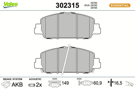 Bremsbelagsatz, Scheibenbremse Vorderachse VALEO 302315 Bild Bremsbelagsatz, Scheibenbremse Vorderachse VALEO 302315