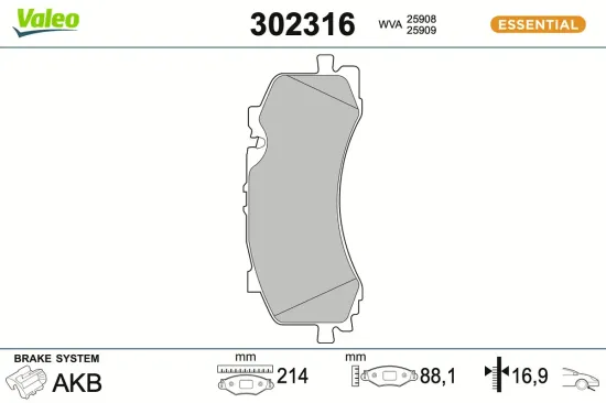 Bremsbelagsatz, Scheibenbremse Vorderachse VALEO 302316 Bild Bremsbelagsatz, Scheibenbremse Vorderachse VALEO 302316