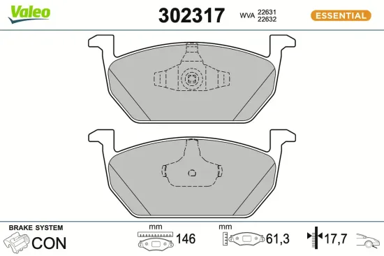 Bremsbelagsatz, Scheibenbremse Vorderachse VALEO 302317 Bild Bremsbelagsatz, Scheibenbremse Vorderachse VALEO 302317