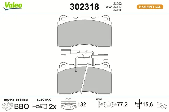 Bremsbelagsatz, Scheibenbremse Vorderachse VALEO 302318 Bild Bremsbelagsatz, Scheibenbremse Vorderachse VALEO 302318