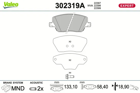 Bremsbelagsatz, Scheibenbremse Vorderachse VALEO 302319A Bild Bremsbelagsatz, Scheibenbremse Vorderachse VALEO 302319A