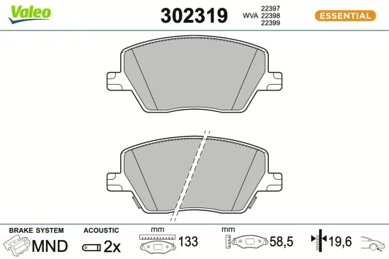 Bremsbelagsatz, Scheibenbremse Vorderachse VALEO 302319 Bild Bremsbelagsatz, Scheibenbremse Vorderachse VALEO 302319