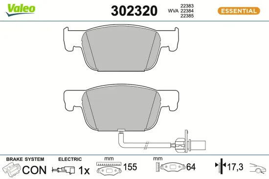 Bremsbelagsatz, Scheibenbremse Vorderachse VALEO 302320 Bild Bremsbelagsatz, Scheibenbremse Vorderachse VALEO 302320