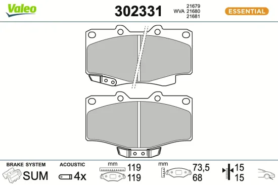 Bremsbelagsatz, Scheibenbremse Vorderachse VALEO 302331 Bild Bremsbelagsatz, Scheibenbremse Vorderachse VALEO 302331