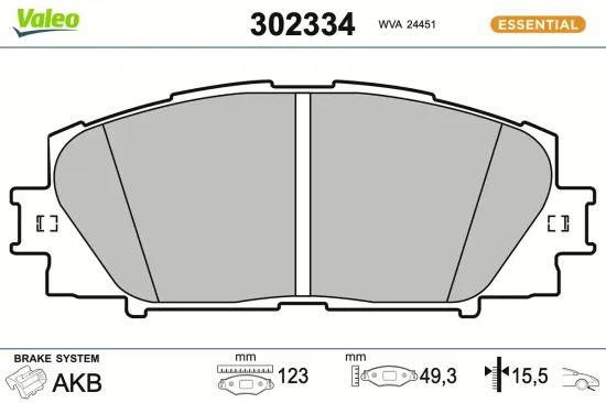 Bremsbelagsatz, Scheibenbremse Vorderachse VALEO 302334 Bild Bremsbelagsatz, Scheibenbremse Vorderachse VALEO 302334