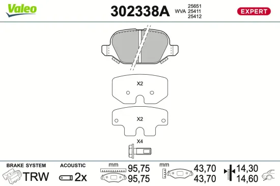 Bremsbelagsatz, Scheibenbremse Hinterachse VALEO 302338A Bild Bremsbelagsatz, Scheibenbremse Hinterachse VALEO 302338A