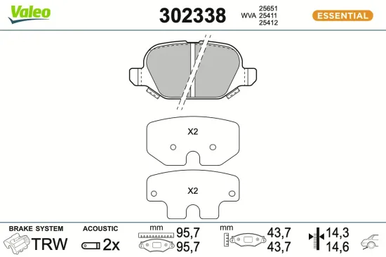 Bremsbelagsatz, Scheibenbremse Vorderachse VALEO 302338 Bild Bremsbelagsatz, Scheibenbremse Vorderachse VALEO 302338