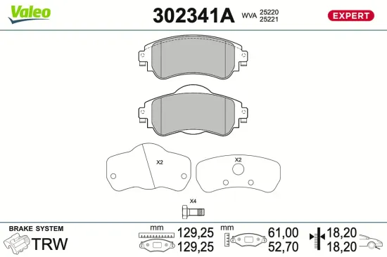 Bremsbelagsatz, Scheibenbremse Vorderachse VALEO 302341A Bild Bremsbelagsatz, Scheibenbremse Vorderachse VALEO 302341A