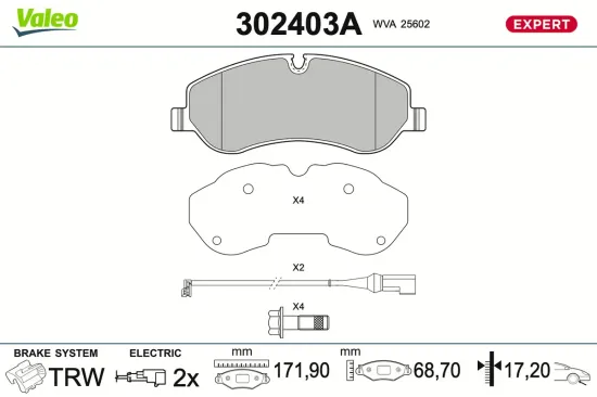 Bremsbelagsatz, Scheibenbremse Vorderachse VALEO 302403A Bild Bremsbelagsatz, Scheibenbremse Vorderachse VALEO 302403A