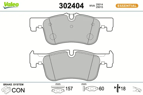 Bremsbelagsatz, Scheibenbremse Vorderachse VALEO 302404 Bild Bremsbelagsatz, Scheibenbremse Vorderachse VALEO 302404