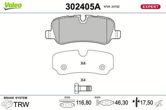 Bremsbelagsatz, Scheibenbremse Hinterachse VALEO 302405A Bild Bremsbelagsatz, Scheibenbremse Hinterachse VALEO 302405A