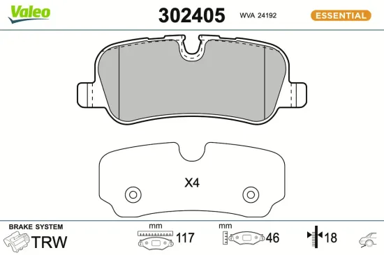 Bremsbelagsatz, Scheibenbremse Hinterachse VALEO 302405 Bild Bremsbelagsatz, Scheibenbremse Hinterachse VALEO 302405