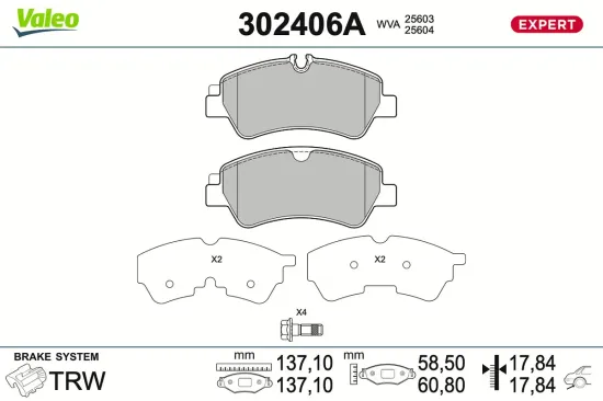 Bremsbelagsatz, Scheibenbremse Hinterachse VALEO 302406A Bild Bremsbelagsatz, Scheibenbremse Hinterachse VALEO 302406A
