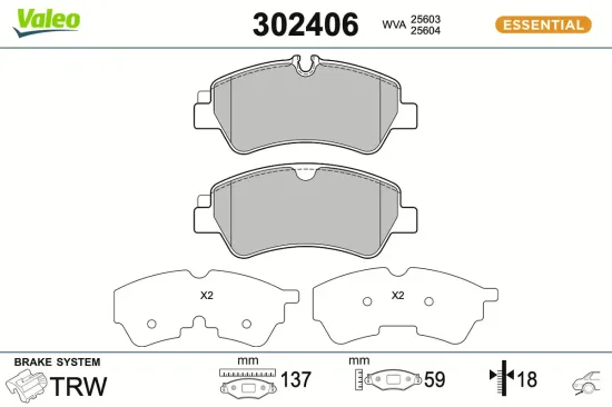 Bremsbelagsatz, Scheibenbremse Hinterachse VALEO 302406 Bild Bremsbelagsatz, Scheibenbremse Hinterachse VALEO 302406