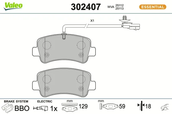 Bremsbelagsatz, Scheibenbremse Hinterachse VALEO 302407 Bild Bremsbelagsatz, Scheibenbremse Hinterachse VALEO 302407