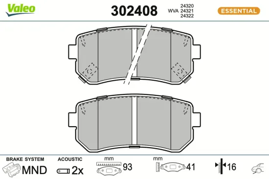 Bremsbelagsatz, Scheibenbremse Hinterachse VALEO 302408 Bild Bremsbelagsatz, Scheibenbremse Hinterachse VALEO 302408