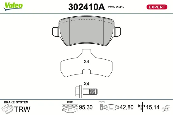 Bremsbelagsatz, Scheibenbremse Hinterachse VALEO 302410A Bild Bremsbelagsatz, Scheibenbremse Hinterachse VALEO 302410A