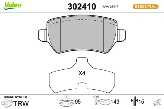 Bremsbelagsatz, Scheibenbremse Hinterachse VALEO 302410 Bild Bremsbelagsatz, Scheibenbremse Hinterachse VALEO 302410