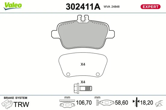 Bremsbelagsatz, Scheibenbremse Hinterachse VALEO 302411A Bild Bremsbelagsatz, Scheibenbremse Hinterachse VALEO 302411A