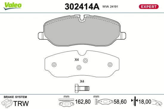 Bremsbelagsatz, Scheibenbremse Vorderachse VALEO 302414A Bild Bremsbelagsatz, Scheibenbremse Vorderachse VALEO 302414A
