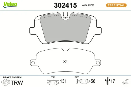 Bremsbelagsatz, Scheibenbremse Hinterachse VALEO 302415 Bild Bremsbelagsatz, Scheibenbremse Hinterachse VALEO 302415