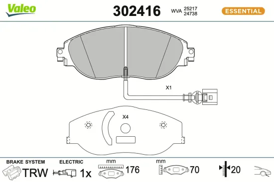 Bremsbelagsatz, Scheibenbremse Vorderachse VALEO 302416 Bild Bremsbelagsatz, Scheibenbremse Vorderachse VALEO 302416