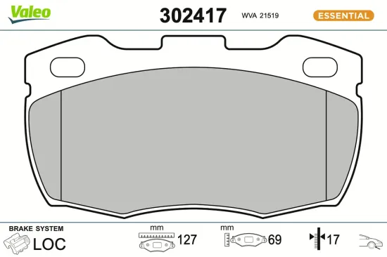 Bremsbelagsatz, Scheibenbremse Vorderachse VALEO 302417 Bild Bremsbelagsatz, Scheibenbremse Vorderachse VALEO 302417