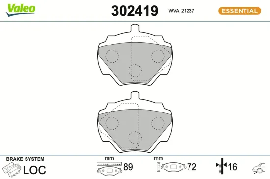 Bremsbelagsatz, Scheibenbremse Hinterachse VALEO 302419 Bild Bremsbelagsatz, Scheibenbremse Hinterachse VALEO 302419
