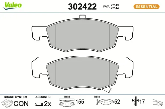 Bremsbelagsatz, Scheibenbremse Vorderachse VALEO 302422 Bild Bremsbelagsatz, Scheibenbremse Vorderachse VALEO 302422